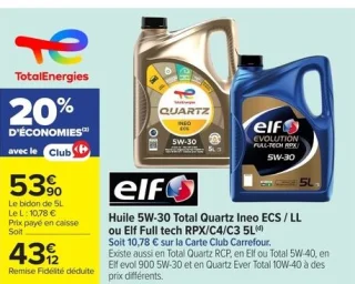 Huile 5W-30 Total Quartz Ineo ECS / LL ou Elf Full tech RPX/C4/C3 5L