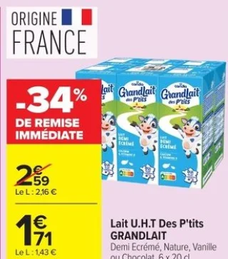 Lait U.H.T Des P'tits GRANDLAIT Demi Écrémé, Nature, Vanille ou Chocolat