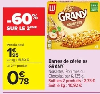 Barres de céréales GRANY Noisettes, Pommes ou Chocolat