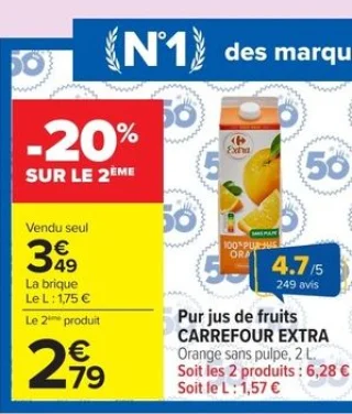 Pur jus de fruits CARREFOUR EXTRA Orange sans pulpe