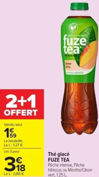 Thé glacé FUZE TEA Pêche intense, Pêche hibiscus ou Menthe/Citron vert