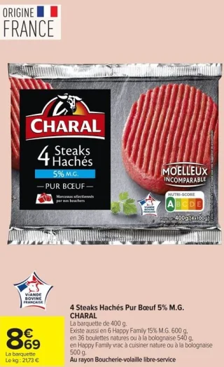 Charal 4 Steaks Hachés Pur Bœuf 5% M.G.
