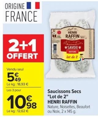 Saucissons Secs "Lot de 2" HENRI RAFFIN Nature, Noisettes, Beaufort ou Noix
