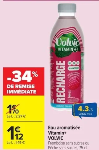 Eau aromatisée Vitamin+ VOLVIC Framboise sans sucres ou Pêche sans sucres