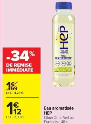 Eau aromatisée HEP Citron Citron Vert ou Framboise
