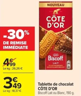 Tablette de chocolat Côte d'Or Biscoff Lait ou Blanc