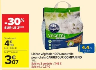Litière végétale 100% naturelle pour chats CARREFOUR COMPANINO