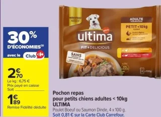 Pochon repas pour petits chiens adultes < 10kg ULTIMA Poulet Boeuf ou Saumon Dinde