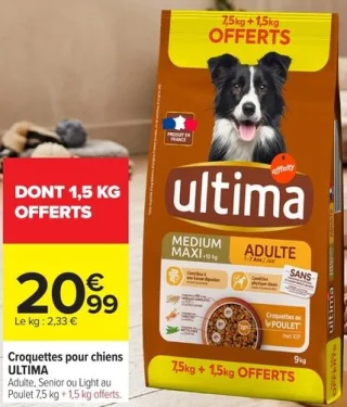 Croquettes pour chiens ULTIMA Adulte, Senior ou Light au Poulet 7,5 kg + 1,5 kg offerts
