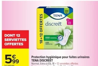 Protection hygiénique pour fuites urinaires TENA DISCREET Normal, Extra (x30), 18 + 12 serviettes offertes