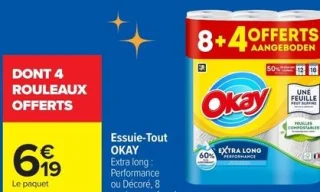 Essuie-Tout OKAY Extra long : Performance ou Décoré, 8 rouleaux + 4 rouleaux