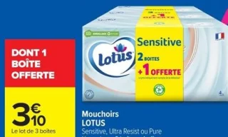 Mouchoirs LOTUS Sensitive, Ultra Resist ou Pure Natural, par 2 boîtes + 1 offerte