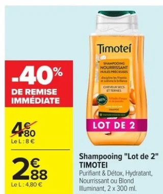 Shampooing "Lot de 2" TIMOTEI Purifiant & Détox, Hydratant, Nourrissant ou Blond Illuminant, 2 x 300 ml.