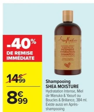Shampooing SHEA MOISTURE Hydratation Intense, Miel de Manuka & Yaourt ou Boucles & Brillance, 384 ml.