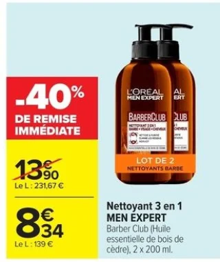 Nettoyant 3 en 1 MEN EXPERT Barber Club (Huile essentielle de bois de cèdre), 2 x 200 ml.