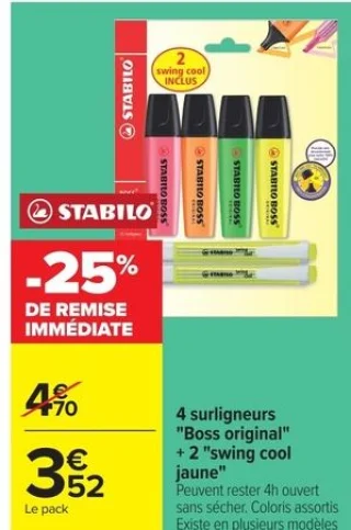 Stabilo 4 surligneurs "Boss original" + 2 "swing cool jaune"
