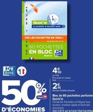 Bloc de 60 pochettes perforées Quick'in Oxford