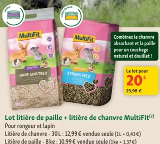 Lot litière de paille + litière de chanvre MultiFit