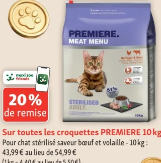 Croquettes pour chat stérilisé saveur bœuf et volaille PREMIERE Meat Menu Sterilised Adult 10kg