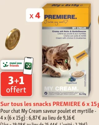 Snacks pour chat My Cream saveur poulet et myrtille PREMIERE 6 x 15g