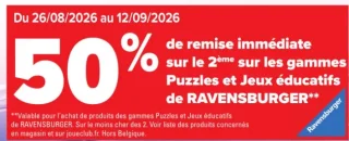 Remise de 50% sur le 2ème puzzle ou jeu éducatif Ravensburger