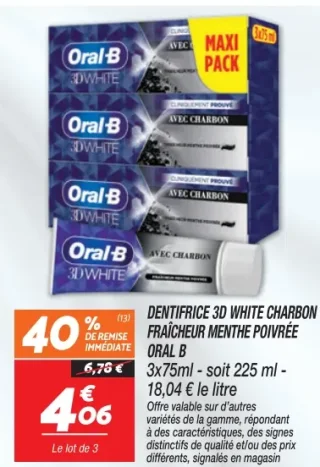 Dentifrice 3D White Charbon Fraîcheur Menthe Poivrée Oral-B