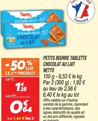 PETITS BEURRE TABLETTE CHOCOLAT AU LAIT NETTO