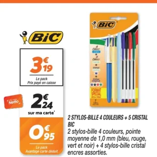 2 STYLOS-BILLE 4 COULEURS + 5 CRISTAL BIC