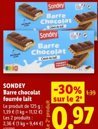 SONDEY Barre chocolat fourrée lait