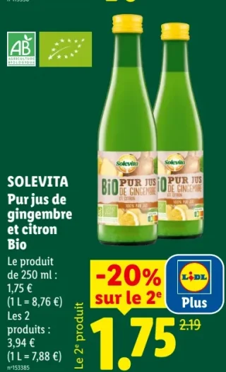 Solevita Pur jus de gingembre et citron Bio