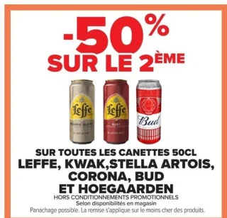 Canettes 50cl Leffe, Kwak, Stella Artois, Corona, Bud et Hoegaarden