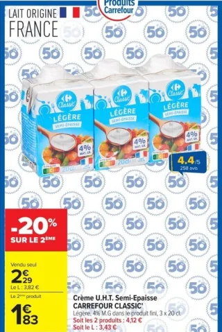 Crème U.H.T. Semi-Épaisse Carrefour Classic'