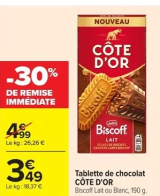 Tablette de chocolat CÔTE D'OR Biscoff Lait ou Blanc