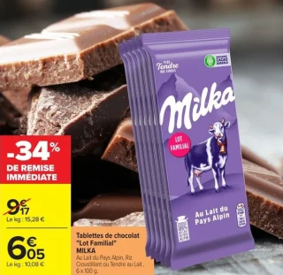 Tablettes de chocolat "Lot Familial" MILKA Au Lait du Pays Alpin, Riz Croustillant ou Tendre au Lait