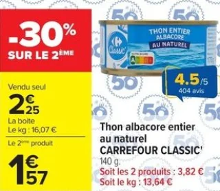 Thon albacore entier au naturel CARREFOUR CLASSIC'