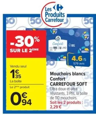 Mouchoirs blancs Confort Carrefour Soft