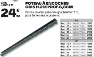 Poteau à encoches gris H.2M Prof.6,8cm