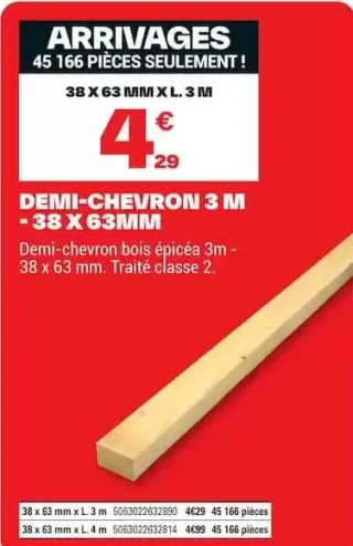 Demi-chevron bois épicéa - 38 x 63 mm