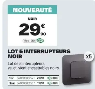 Lot 5 interrupteurs noir Legrand Neptune