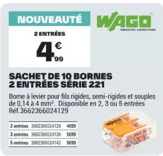 Sachet de 10 bornes 2 entrées série 221 WAGO