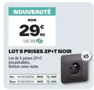 Lot 5 prises 2P+T noir Legrand Neptune
