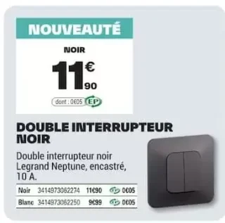 Double interrupteur noir Legrand Neptune