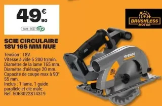 Scie circulaire 18V 165 mm nue Titan