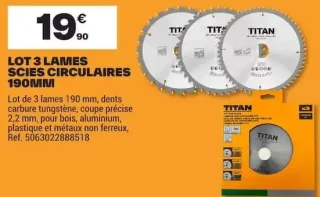 Lot 3 lames scies circulaires 190mm Titan