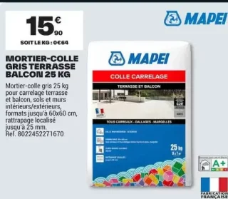 Mortier-colle gris terrasse balcon 25kg Mapei
