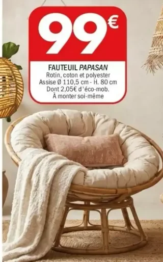 Fauteuil Papasan Rotin, coton et polyester