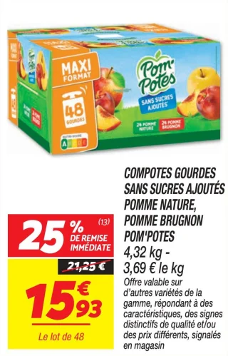 Compotes gourdes sans sucres ajoutés pomme nature, pomme brugnon
