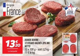 Viande bovine : 12 steaks hachés 20% mg