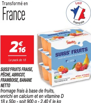 Suiss'fruits fraise, pêche, abricot, framboise, banane