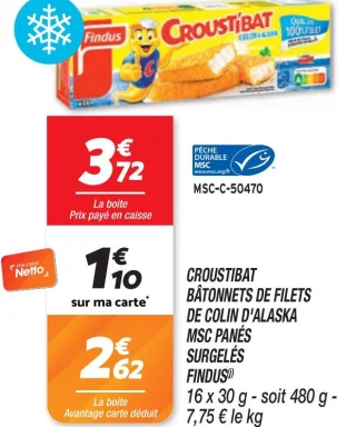 Croustibat bâtonnets de filets de colin d'alaska msc panés surgelés 